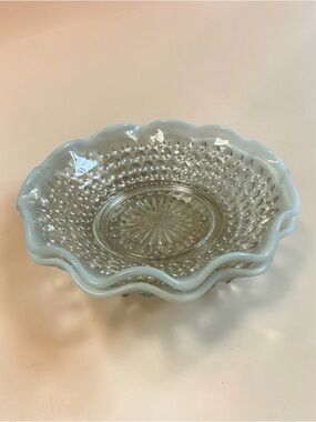 Set of 2 Vintage Hobnail Milk Glass Bowls Ruffled Edge Opalescent Dish